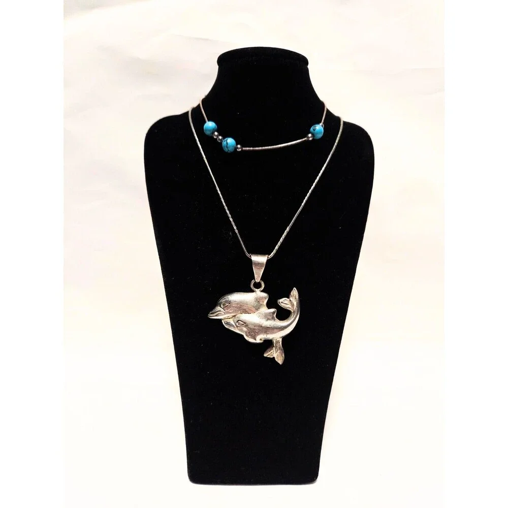 Dolphin Pendant Necklace & Turquoise Color Bead Bracelet Jewelry Set